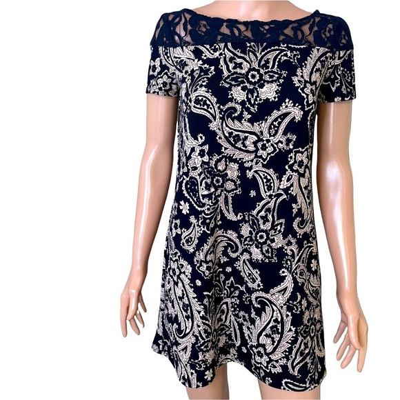 Stoosh dress black and white paisley print Lace trimmed square dress SZ Sm - Picture 3 of 8